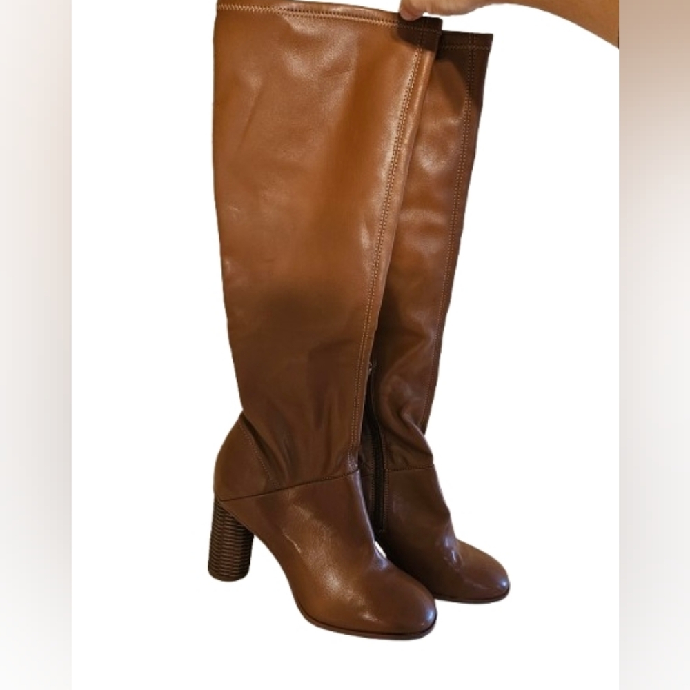 Franco Sarto Cindy Knee High Boots Sz 8.5 Camel Brown Woven Heel Winter Capsule